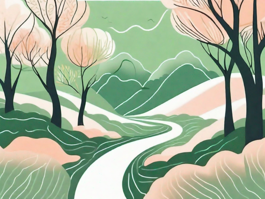 A serene landscape with a highlighted path leading from the brain to the stomach