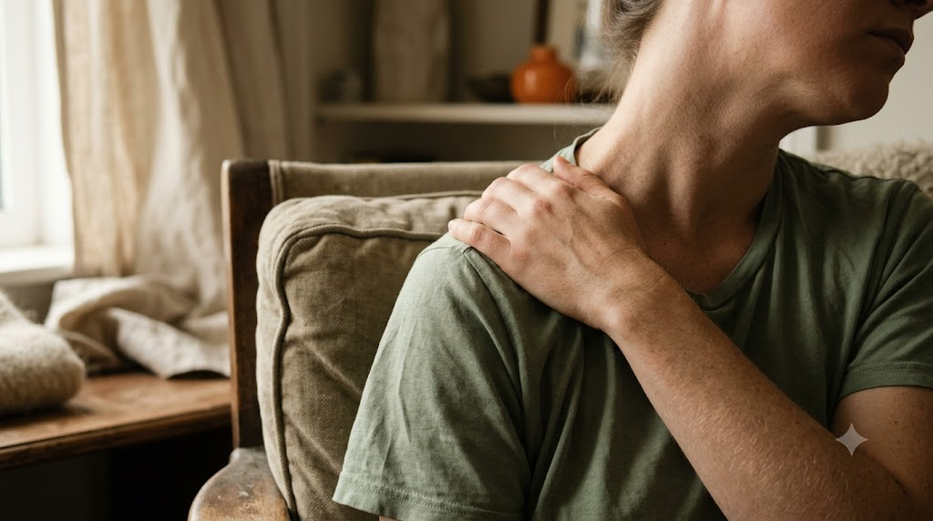 A person stretching their neck slowly to one side in a warm room