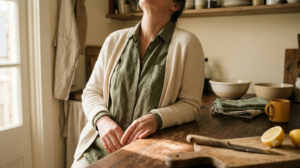A person sighing out heavily with their head tipped back in a warm room