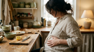 A person at a kitchen counter massaging their belly in slow circles under warm lamplight.