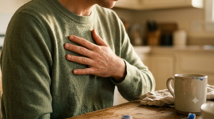 Torso and hands at a kitchen table, a person hums with one hand flat on their breastbone in warm afternoon light.