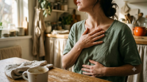 A woman at a kitchen table humming with one hand flat on her chest in warm morning light.