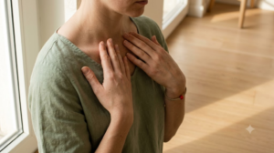 A close view from above of both hands resting on the collarbones while breathing slowly beside a bright window.