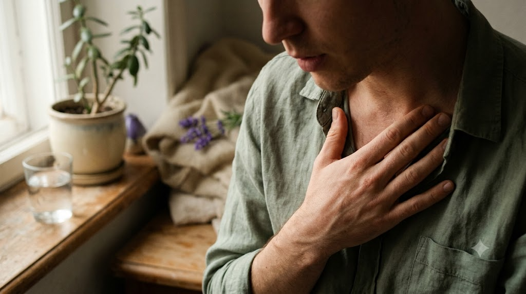 A close view from just above of a person pressing one hand flat against their collarbone while breathing out slowly by a windowsill.