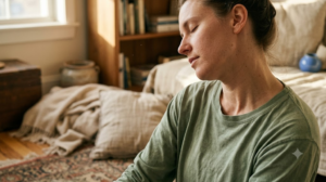 In profile with eyes closed, a person tilts their head back and to one side in a gentle neck stretch on a worn rug in raking afternoon light.