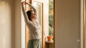 A person stretching their arms overhead with eyes closed in a quiet room.
