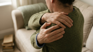 Seen over the shoulder on a sofa, a person reaches one arm across their chest and eases into the stretch in soft window light.