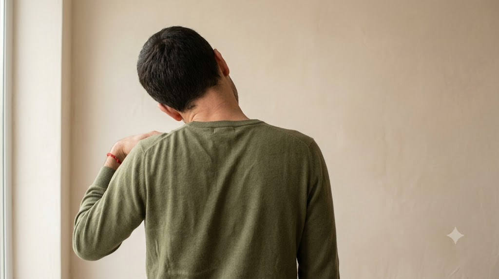 Seen over the shoulder, a person in an olive top tilts their head to one side to stretch their neck.