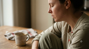 A person humming steadily with their eyes closed and shoulders dropped in a warm room