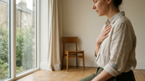 A person in profile beside a bright window, eyes closed, humming with one hand resting flat on their chest.