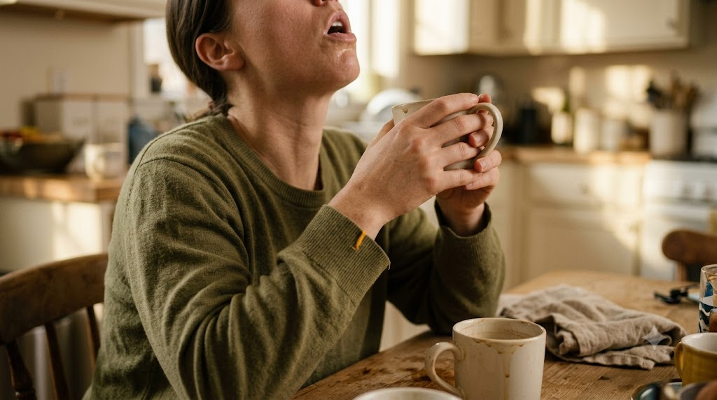 A person at a kitchen table tipping their head back to gargle a mouthful of water.