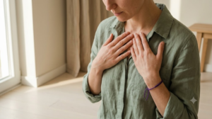 A person in a sage linen shirt resting both palms over the collarbones beside a bright window, face out of frame.