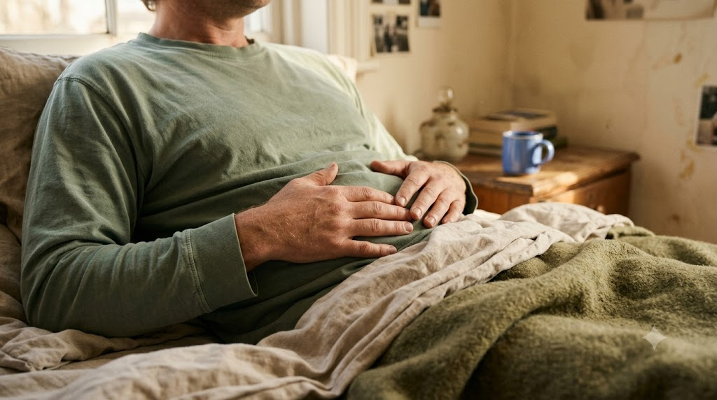 A pair of hands resting flat on a person&rsquo;s belly as they breathe out slowly on a bed of rumpled linen in warm afternoon light.