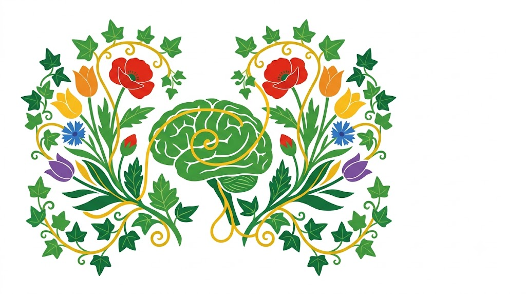 A flat folk-art vector illustration of a human brain with the vagus nerve trailing from the brainstem, framed by stylised flowers and ivy on white.