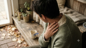 A person sitting on a low step outdoors singing quietly with one hand at their throat.