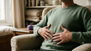Cropped at the chin, a person in a deep armchair lets out a long breath with both hands resting on their ribs.