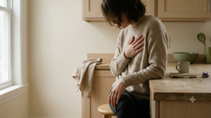 A person sits in profile at a kitchen counter with head lowered and one hand resting on their sternum.