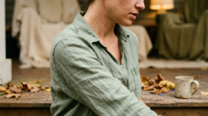 A person exhaling as they settle into a gentle seated yoga twist, cropped at the chin on a low step with fallen leaves.