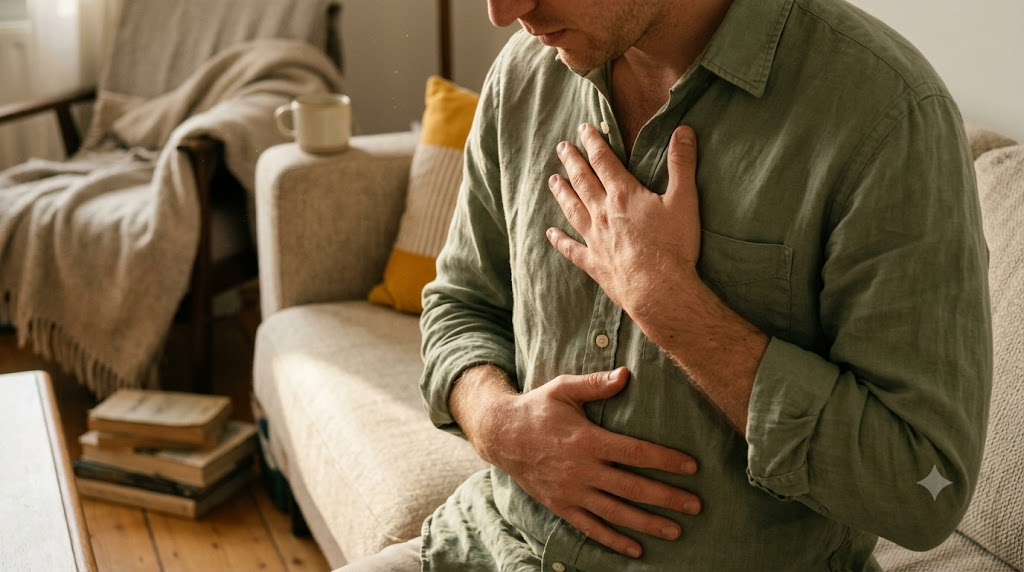 A close view from just above of a person on a sofa resting one hand on their chest and one on their belly while breathing slowly.