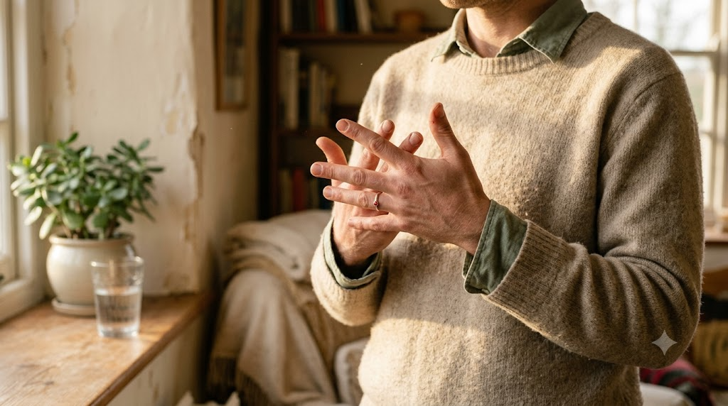 Torso and hands of a person counting a slow breath out on their fingers by a windowsill.