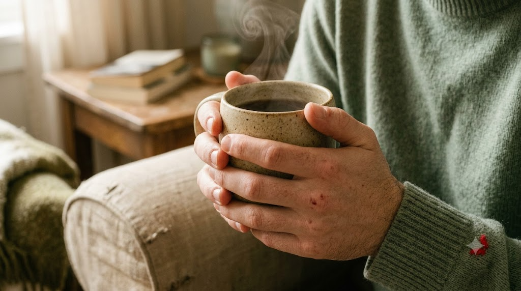 Both hands wrapped around a warm mug in a deep armchair in morning sun.