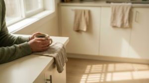 A close view of a pair of hands cupped around a warm mug at a plain kitchen counter in low early morning light, no face in frame.