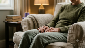 A person sitting with their eyes closed exhaling slowly through pursed lips in a warm, lived-in room.