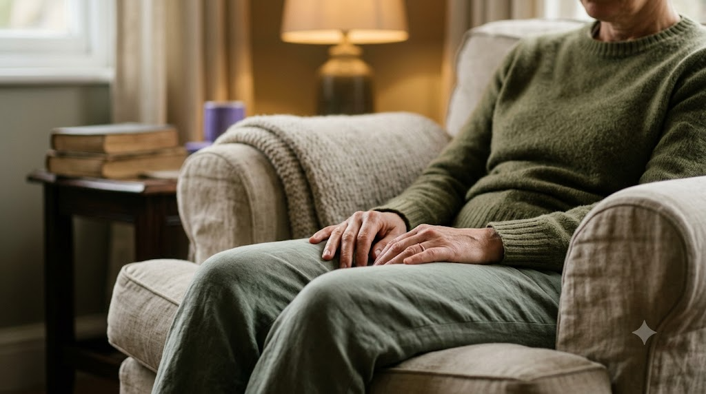 A person sitting with their eyes closed exhaling slowly through pursed lips in a warm, lived-in room.