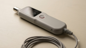 A slim unbranded handheld stimulation wand with a rounded probe tip on a cream board.