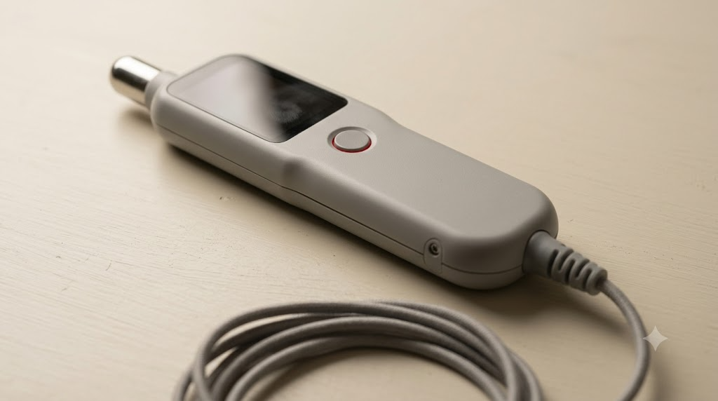 A slim unbranded handheld stimulation wand with a rounded probe tip on a cream board.