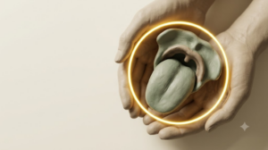 A sculpted matte clay human tongue and soft palate, marked by one bright golden light element.
