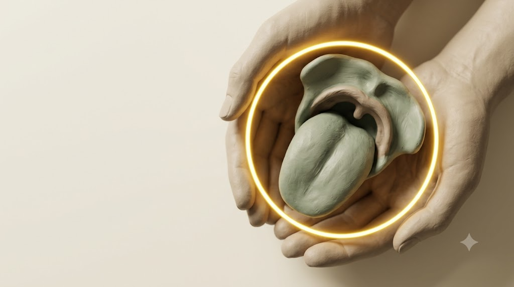 A sculpted matte clay human tongue and soft palate, marked by one bright golden light element.