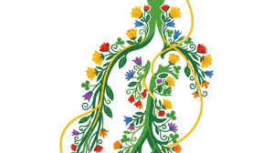 A flat folk-art vector illustration of the human vagus nerve framed by stylised flowers and curling vines on white.