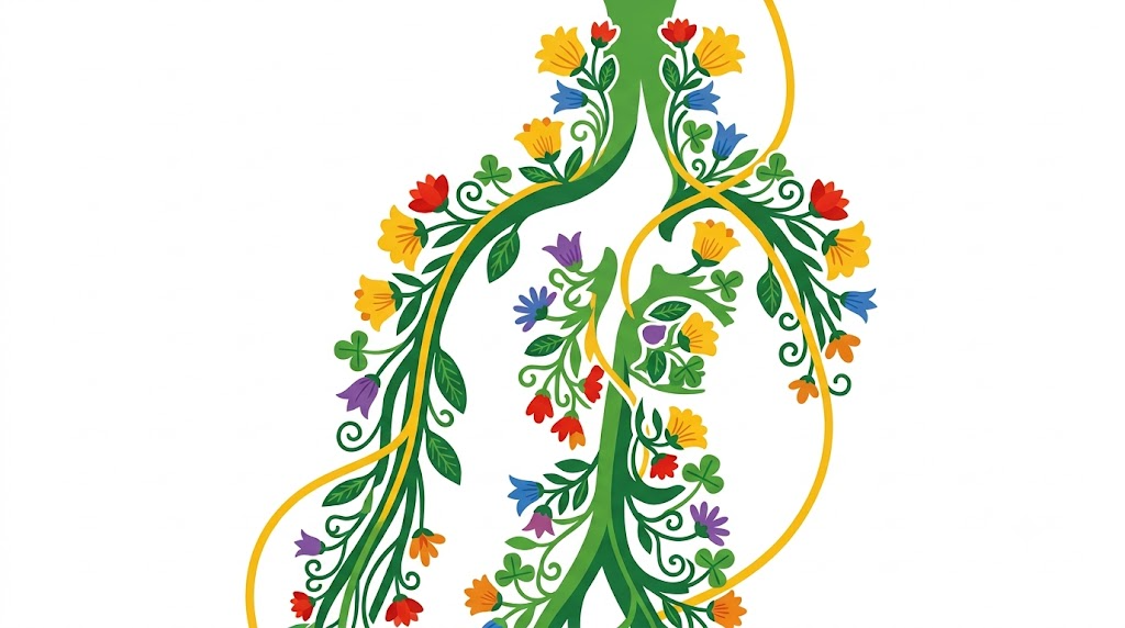 A flat folk-art vector illustration of the human vagus nerve framed by stylised flowers and curling vines on white.