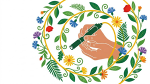 Flat vector folk-art illustration of a pair of hands holding a doctor's penlight, surrounded by stylised blooms and foliage on a white background.