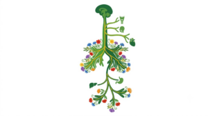 A flat vector illustration of a human vagus nerve with folk-art flower clusters along its outline on white.