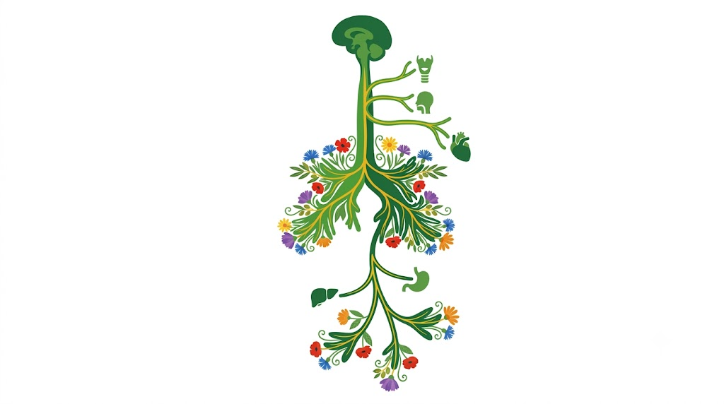 A flat vector illustration of a human vagus nerve with folk-art flower clusters along its outline on white.