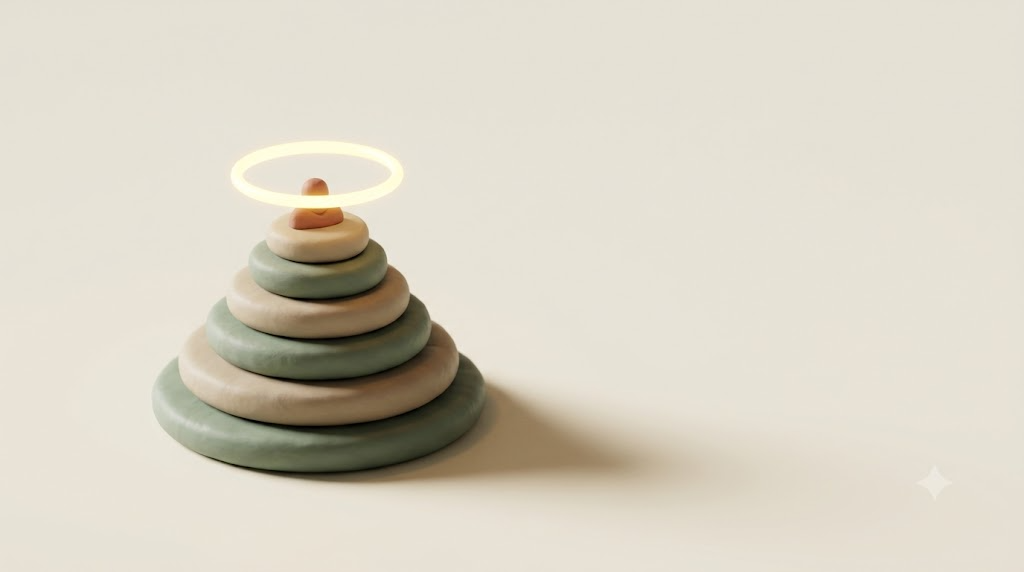 Small clay stack of sage and putty discs tapering upward with a terracotta tip, crowned by a glowing golden ring.