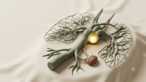 A simplified sculpted matte clay branching vagus nerve pathway, marked by one bright golden light element.