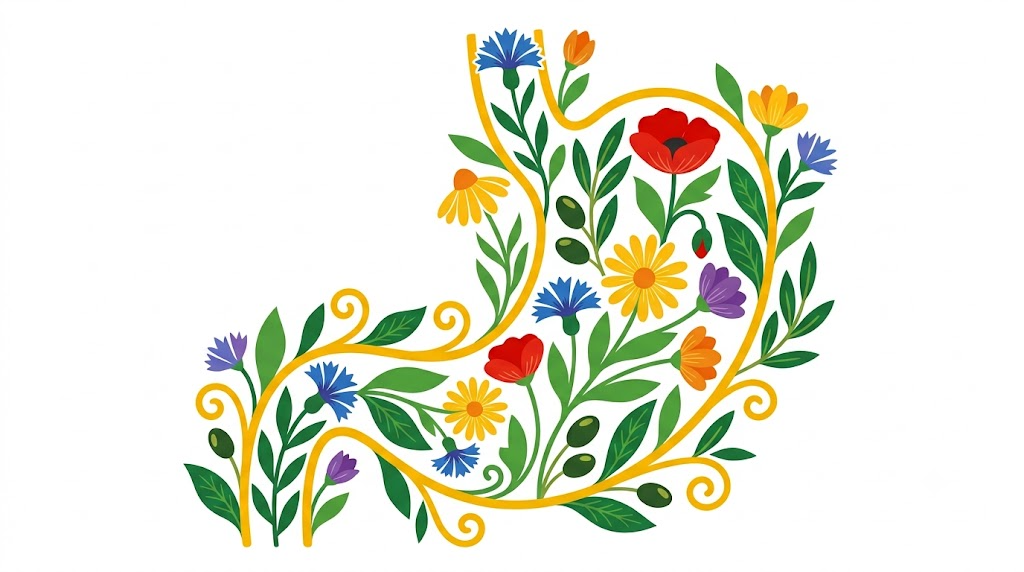 A flat vector illustration of a human stomach surrounded by folk-art botanicals.