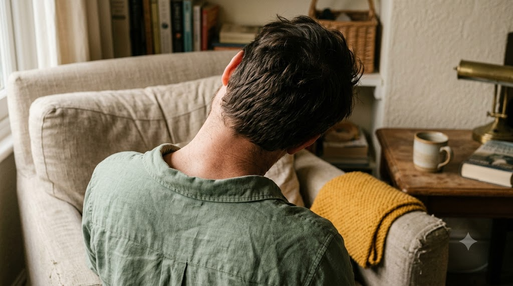 A person in a deep armchair slowly rolling their head to one side in soft window light.