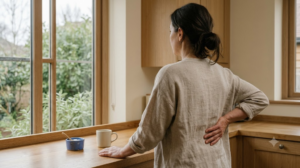 A photograph from behind of a person standing at a kitchen counter taking a slow deep breath with a hand on their ribs.
