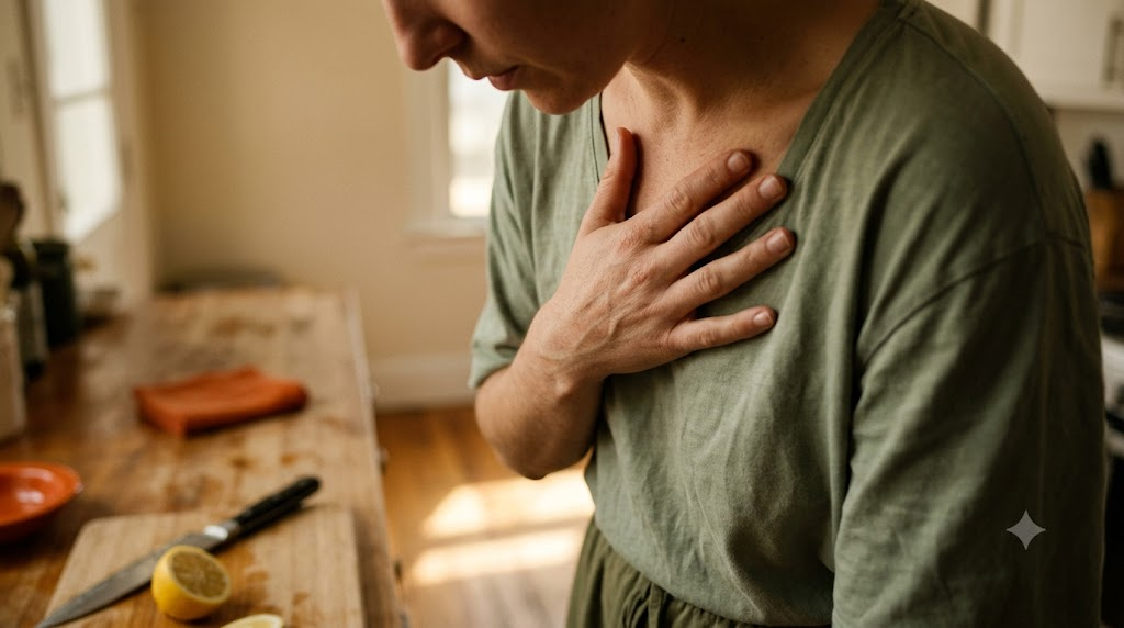 Hands and collarbone of a person resting one palm flat on their chest at a wooden kitchen counter.