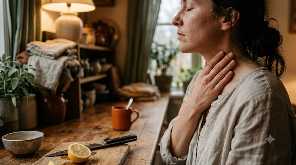 In profile at a wooden counter, a person lays a warm palm flat over the front of their throat in lamplight.