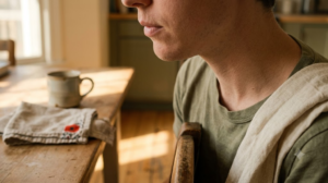 Close crop of a person humming with lips closed and chin tipped down at a kitchen table.