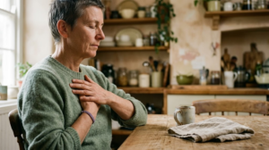 In profile at a kitchen table, a person rests both hands over their heart and breathes slowly.