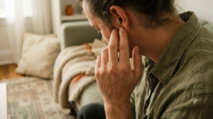 Close on hands as a person presses two fingers into the hollow behind their earlobe in soft window light.