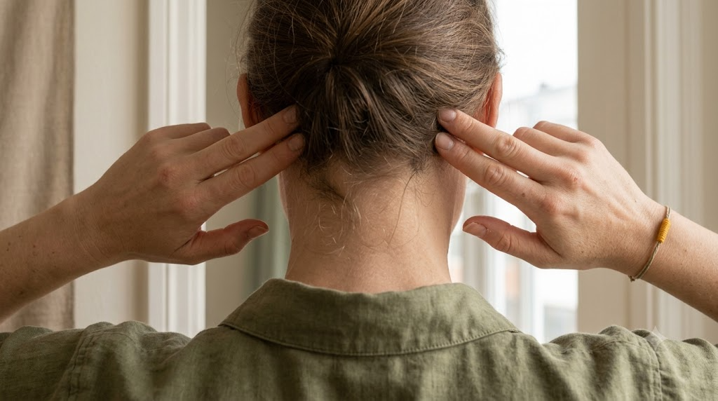 Close view of a pair of hands pressing gently behind the ears of a person seen from behind.