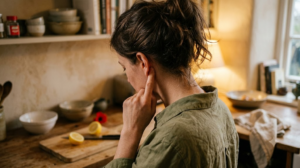 Seen from behind at a wooden counter, a person presses an acupressure point just behind their ear with a fingertip.