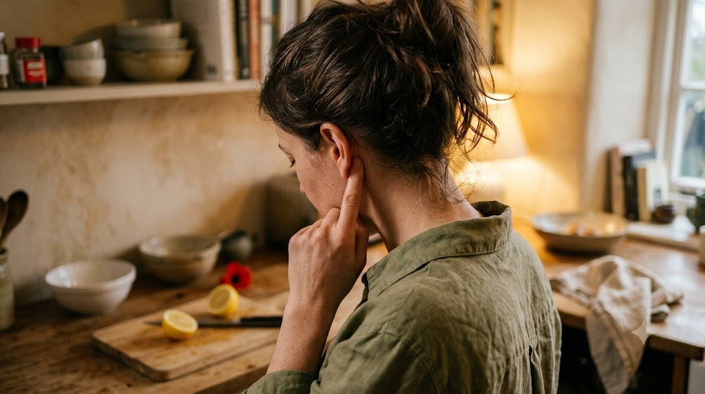 Seen from behind at a wooden counter, a person presses an acupressure point just behind their ear with a fingertip.